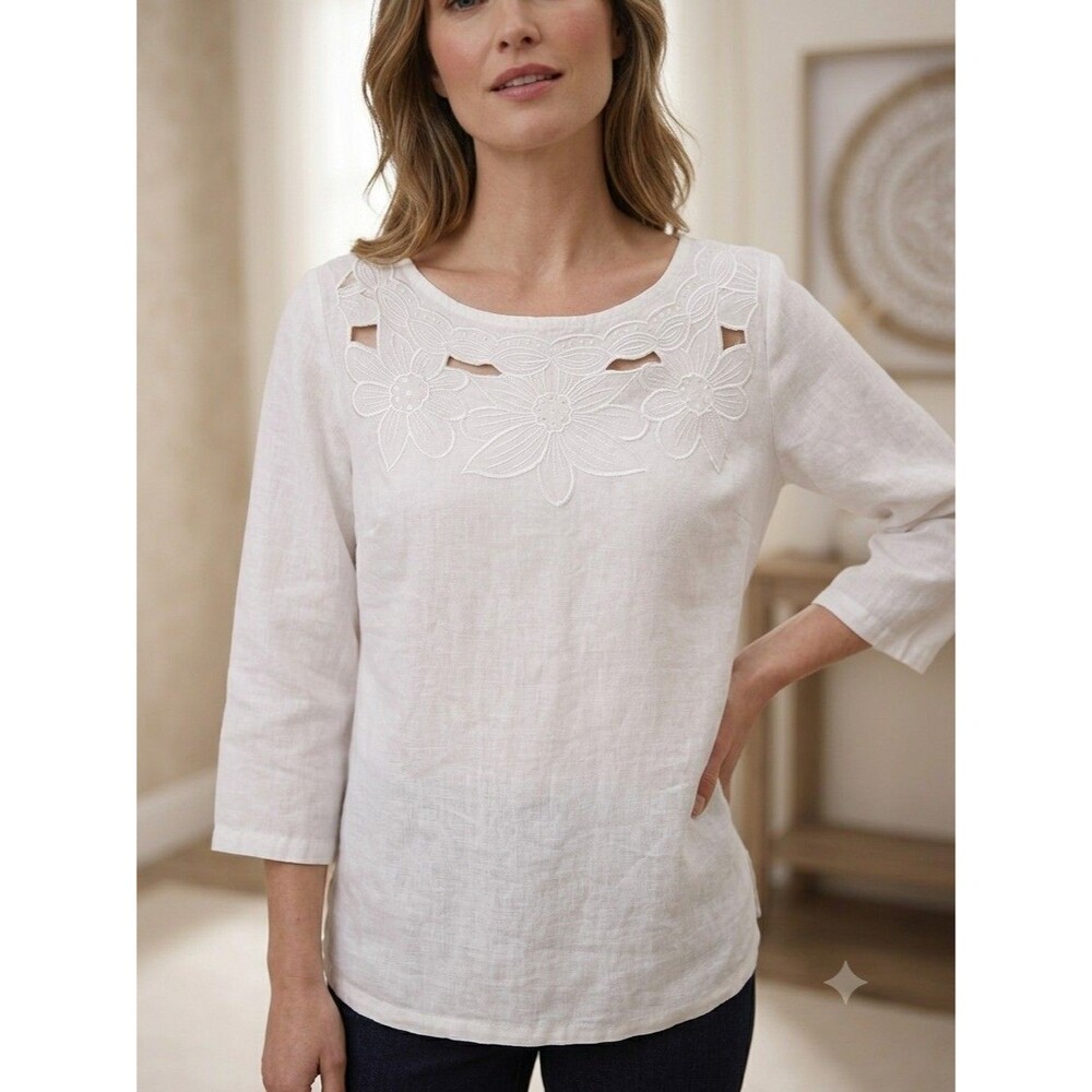 Carole Little White Linen Blouse Medium Floral Embroidered Cutout 3/4 Sleeve Top